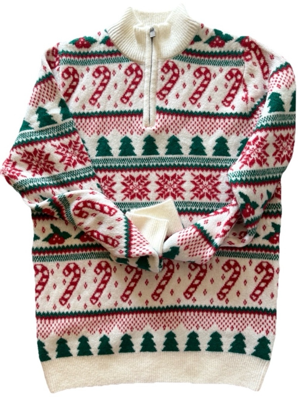 NWT Primark Christmas Sweater Small Fair Isle Candy Cane Mock Neck Quarter Zip